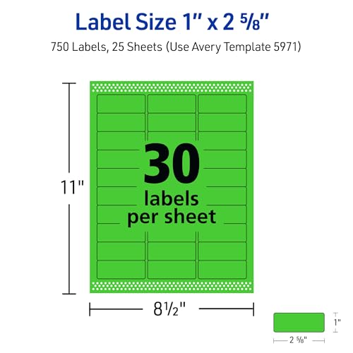 Image of Avery Printable Address Labels, Sure Feed Technology, 1 inch x 2-5 /8 inch, Neon Green, Laser & Inkjet Compatible, 750 Blank Labels Total, Great for Branding, Mailing, Organizing, and More (5971)