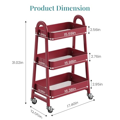 Image of OLIXIS Metal 3 Tiers Utility Rolling Cart, Mobile Storage Shelf with Lockable Caster Wheels, Organization for Livingroom, Bathroom & Narrow Places, Red