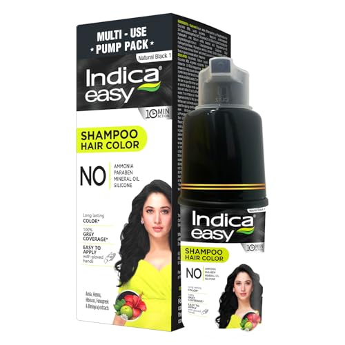 Image of Indica Easy Do-It-Yourself Hair Color Shampoo Pump Pack | 5 Herbal Extracts, 100% Ammonia Free, Long Lasting Formula, 90 ml - Natural Black (Gloves Included)