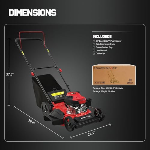 PowerSmart EasyGlide 21-Inch Gas Lawn Mower, 144cc 4-Stroke OHV Engine, Push Walk-Behind, 3-in-1 Mulch/Bag/Side Discharge, Steel Deck, 6 Height Adjustment