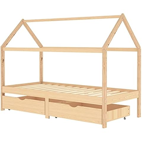 vidaXL Kiefernholz Massiv Kinderbett mit Schubladen Baumhaus-Stil Kinderhaus Hausbett Bett Lattenrost Bettgestell Holzbett Kinderzimmer 90x200cm Cover
