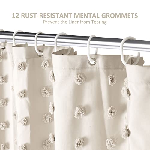 Extra Long Boho Farmhouse Shower Curtain - Woven Fabric Beige 84 Inch, 72 x 84 Tufted Pleat Floral Puffs Textured Modern Farmhouse Minimalist Shower Curtain with Hooks for Bathroom by Siiluminisoy - Image 7