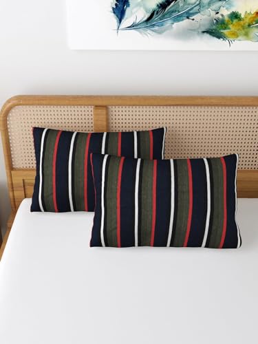 Image of 180 TC Pillow Cover Set of 2 | Pillow Cover Cotton 100% | Pillow Cover Set of 2 King Size | Wrinkle Free & Fade Resistance | Striped Pattern | Standard Size | All Season Use (Stripe Black)