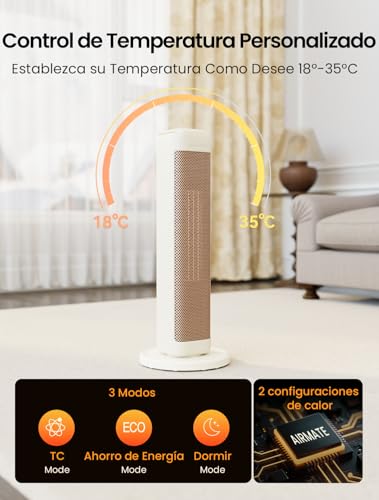 Miniatura 5 de Airmate 63cm Calefactor Torre Bajo Consumo, 2000w Calefactor Cerámico Bajo Consumo Con Oscilación 80 , 24h Heater Protección Sobrecalentamiento Y Vuelco Calefactor Aire Caliente Eléctrico Dormitorios
