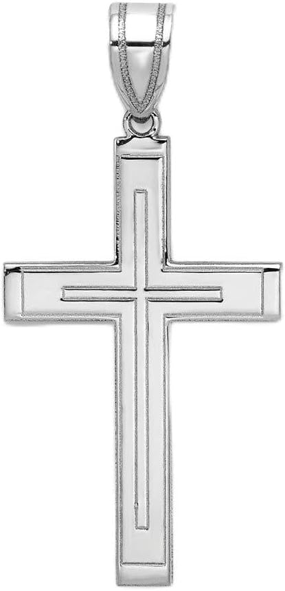 Dewberry 14k White Gold Cross Pendant and Charms | Religious Charms | Cross Pendant | Latin Cross Pendant (Weight: 0.88 GM, Length : 29 MM, Width: 15 MM, Bail Width: 3.75 MM, Bail Length: 6.1 MM)