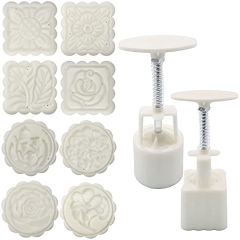 Heatoe 2 Sets of Moon Cake & Mung Cake Mold, Biscuit Pressing Mold, Round and Square Moon Cake Making Tools. (50g 8pcs Round and Square Stamp) Cover