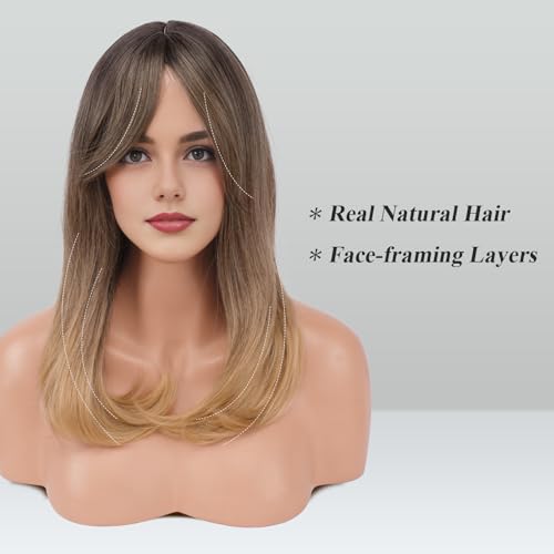 Image of FESHFEN Brown Ombre Blonde Wigs with Bangs, Synthetic Natural Looking Long Layered Straight Hair Wig for Women Daily Party Use, 18 inch