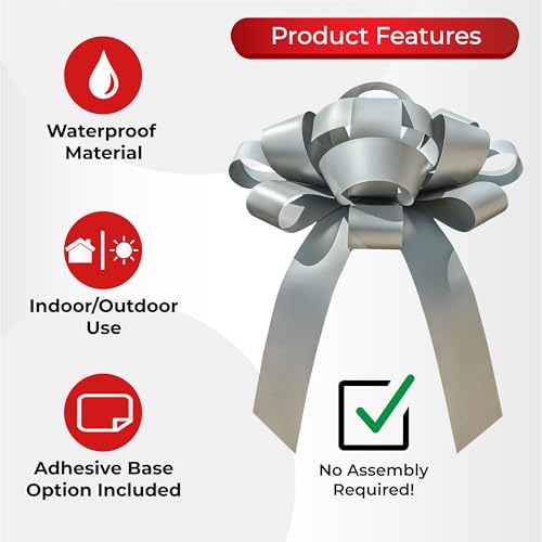 Image of CarBowz Big Car Bow for Decorations and Birthday Gifts, Large Ribbon, Magnet, Sticker Included, Fully Assembled 30 inch Wide Huge Bow, No Suction Cup Needed (Silver)