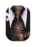Barry.Wang Man Tie Sets Skull Extra Long Necktie Silk Woven Handkerchief Cufflinks Festival Party Gift Brown
