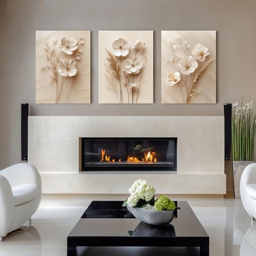 GELDSTEI Neutral Simple Beige Floral Canvas Wall Art, Modern Minimalist Botanical Wall Decor, Vintage Beige Flower Poster Prints for Living Room Bedroom Farmhouse Framed Set of 3, Each 16x24 Inch by GELDSTEI - Used condition - Image 4