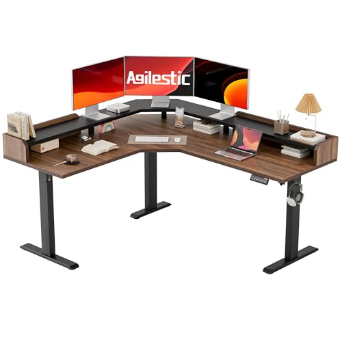 Image of Agilestic L Shaped Standing Desk, Adjustable Height Corner Gaming Desk with Shelf, Sit Stand Up Desk, 63 x 55 Inch Home Office Computer Table, Dark Walnut