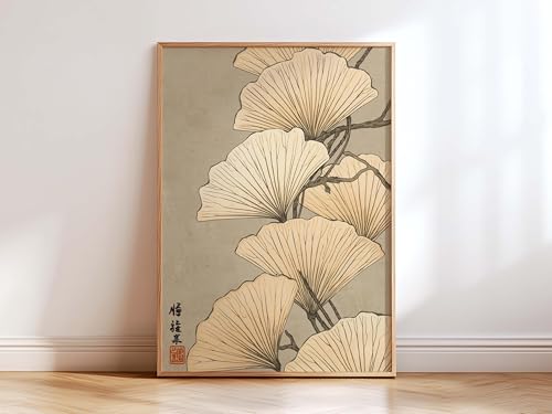 Décoration intérieure zen minimaliste avec l'estampe murale de ginkgo TONGYINLI Ukiyo-e beige