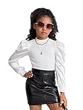 Floerns Girls Casual Puff Long Sleeve Round Neck Rib Knit Blouse Tee Tops White 10Y