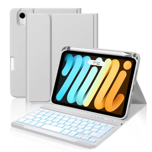 Image of for iPad mini 7 Keyboard Case A17 Pro 2024 /iPad Mini 6 Generation Case with Keyboard 2021 8.3 Inch, Pencil Holder, 7 Color Backlit Detachable Keyboard Cover for iPad mini 7th /6th Gen,Grey