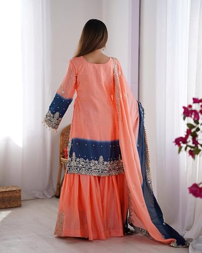 Image of Pandadi Saree Women's Chinon Silk Embroidery Kurta Sharara Set With Dupatta.