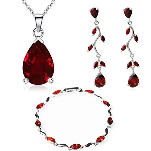 Crystalline Azuria Teardrops Set with Red Zirconia Crystals Necklace 18 inches Dangle Earrings Bracelet 18K White Gold Plated