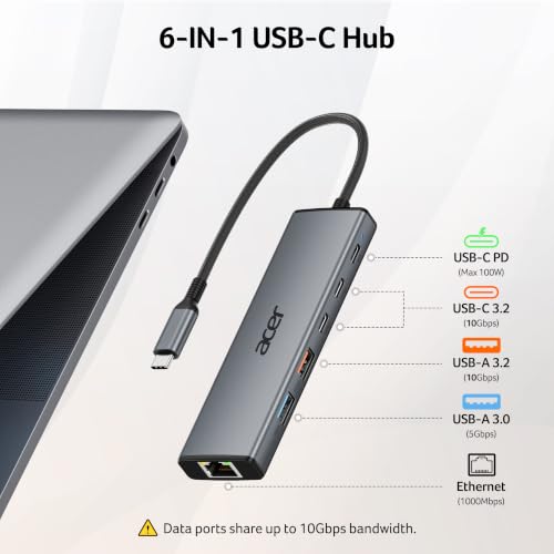 acer USB C Hub 10Gbps, 6-in-1 USB C to Ethernet Adapter for Laptop/PC - image 2