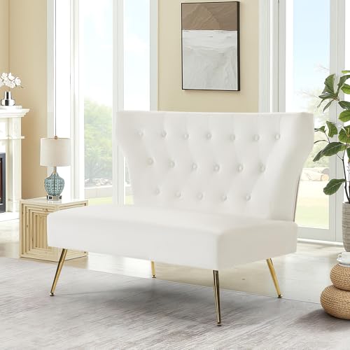 ZJhome Small White Velvet Sofa Soft Upholstered 40 Armless Loveseat Couch with High Density Foam Modern Tufted Cushion with Gold Legs for Bedroom Dorm Apartment Girls Teens Easy Assembly