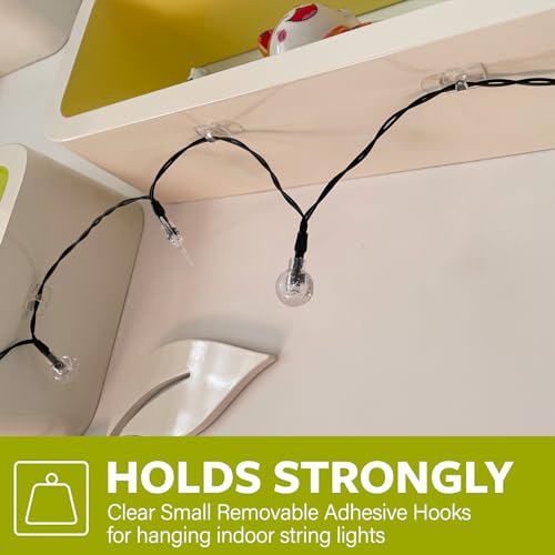 Karsbarwe 60 Clear Mini Light Clips with 66 Adhesive Strips, Small Removable Wall Hooks No Damage, Transparent Wire Hooks for Christmas String Lights, Indoor Holiday Decorations, Cables and Cords