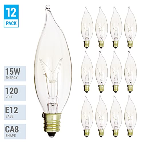 Kor K21150-12 Pack Of 12) 15 Watt Clear Candelabra Base (E12) Flame Tip 120V Decorative Dimmable Chandelier Lights Bulbs thumb #1