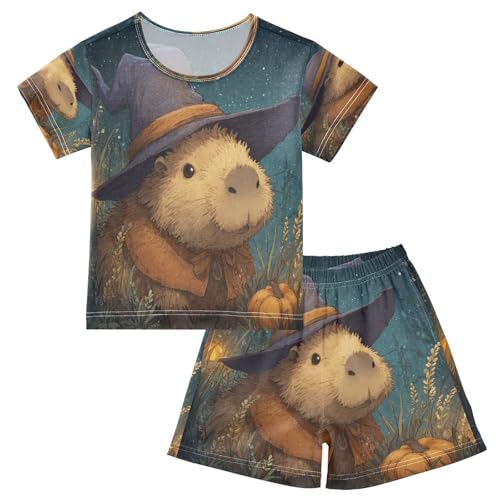 Pajama Sets Short Sleeve Magical Beaver Wearing Witch Hat Soft Cotton Summer Sleepwear 2 Piece PJS Size 5-14T