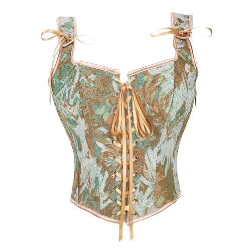 Ynport Crefreak Corsé Renacentista para Mujeres, Bustier Floral con Encaje en la Espalda y Escote Redondo, Top Gótico Victoriano Steampunk para Festival