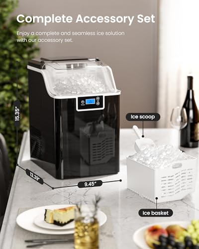 Kismile Nugget Ice Makers Countertop, 45lbs/Day Pebble Ice Maker Machine with 24-Hour Timer, Self-Cleaning Sonic ice Maker with Ice Scoop and Ice Basket for Home & Kitchen (Stainless Steels Black)