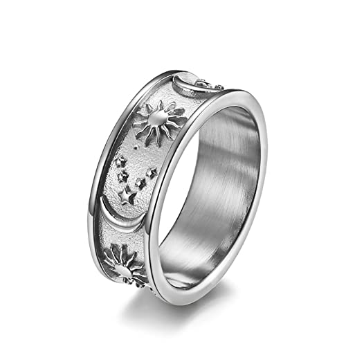 Bishilin Edelstahl Ring Männer, Silber Ring Personalisiert Sonne Mond Sterne 8MM Freundschaftsring Paterring für Herren Gr.70 (22.3) Cover