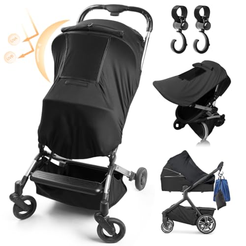 Anhow Pram Sun Shade, Universal Anti-UV Buggy Sun Shade with Viewing Window + 2 Pcs Stroller Hooks Easy to Install Pram Sun Shade Cover Baby Snooze Aid for Pushchairs and Strollers - Black