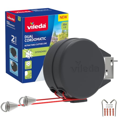 Vileda Duale Cordomatic einziehbare Wäscheleine, 30 m, 2 x 15 m Wäscheleine, hält bis zu 30 kg, ausziehbare Wäscheleine… – Ansicht 1