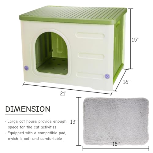 Plastic Cat House Indoor Outdoor, Waterproof Feral Cat Shelter with Mat, Escape Door, Sturdy Large Pet House for Cats, Puppy, Rabbit, Easy Assemble, Green - Image 3
