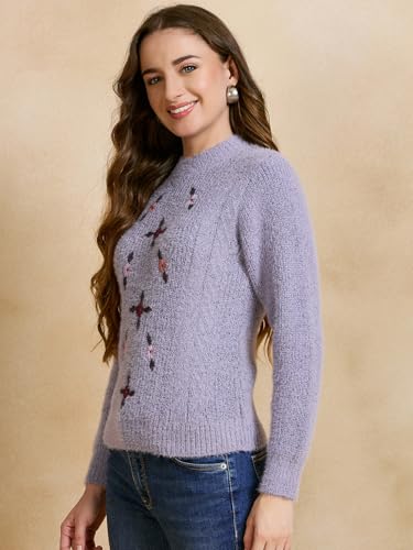 Image of Clapton Women's Floral Embroidered Knitted Pullover Sweater, Long Sleeve, Round Neck, Casual