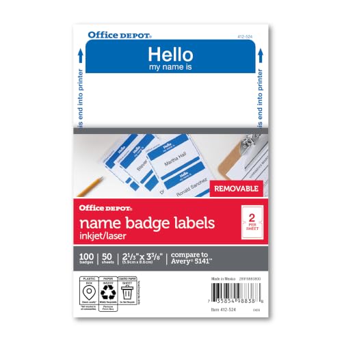 Etiquetas de identificación adhesivas Office Depot Hello Name de 2 11/32 x 3 3/8 pulgadas