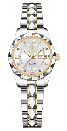 Gosasa Luxury Men's and Women's Business Diamond Stainless Steel Waterproof Roman Numeral Analog Quartz Watch with Day-Date Calendar, Gold and Silver Tone (M-Gold White, Women)