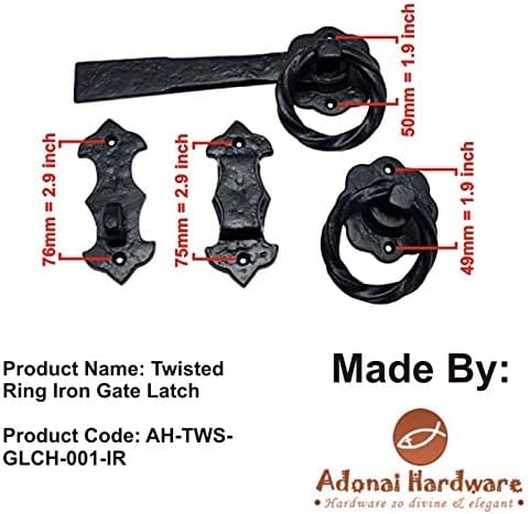 Adonai Hardware "Adriel Wrought Iron Twisted Ring Gate Latch for Vintage Wooden Barn Doors, Gates, Closets, Furniture, Drawers, Cupboards, Wardrobes and Sheds - Black Powder Coated