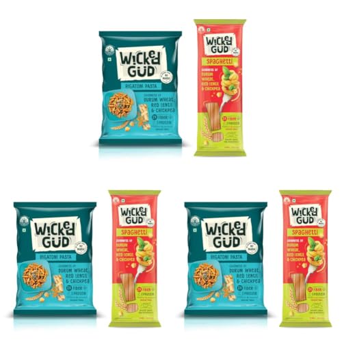 Image of WickedGud 2X Fiber Rigatoni & Spaghetti Pasta Combo | No Maida | Durum Wheat Semolina | Brown Rice | Red Lentils | Healthy Diet Pasta - 400gm x 2 (Pack of 3)
