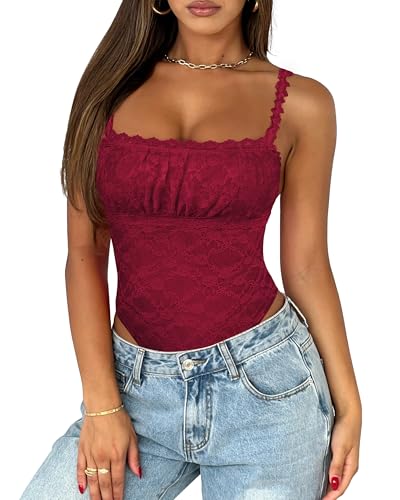 Saslax Women's Sexy Square Neck Lace Sleeveless Bodysuit Tank Tops Double Lined Body Suit Thong Outfits