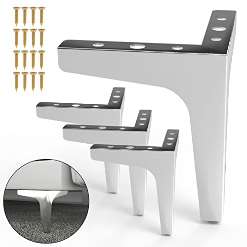 6 Inch Furniture Legs Set of 4 Right Angle Furniture Legs Metal Table Legs Metal Modern Style Sofa Legs Chair Legs Heavy Duty Sofa Replacement Feet for Couch, Nightstand, Ottoman, Cupboard (Silver)