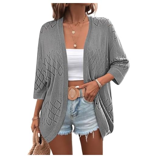 Zeagoo Cardigã feminino de crochê leve 2024 frente aberta manga 3/4 quimono verão boho saída de praia, Cinza, P