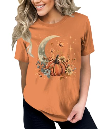 GyftWear Women's Fall Pumpkin Shirts Floral Boho Moon Graphic Tees Halloween Plus Size Tops2