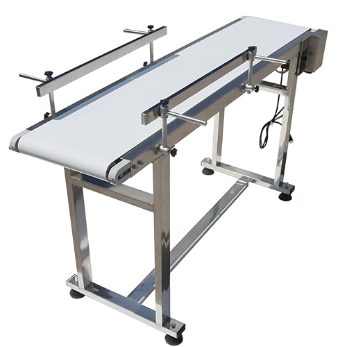 INTBUYING PVC Flat Conveyor Belt Systems Stainless Steel Frames Double Guardrails Adjustable Speed White for Industrial Transport Conveyor Length 53inch Belt Width 11.8inch