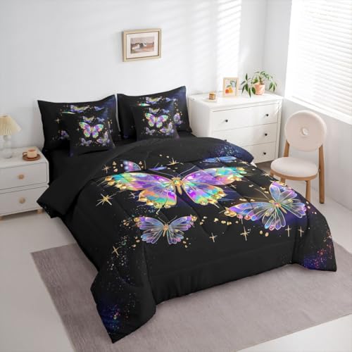 Image of Flying Butterflies 7 Pieces Bedding Set King Size,Starry Sky Galaxy Bed in a Bag,Colorful Rainbow Butterflies Bed Set Includes Comforter,Sheet Set,Pillowcases & Pillow Covers,Wildlife Bedroom Decor