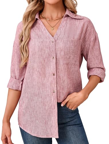 Enmain Blusa Lino Mujer Verano Camisa Manga Larga Femenina Rosa Cuello en V Blusas Casual Elegante Cómoda Ligero Transpirable Talla Grande XL Ideal para Oficina Trabajo Playa Vacaciones​