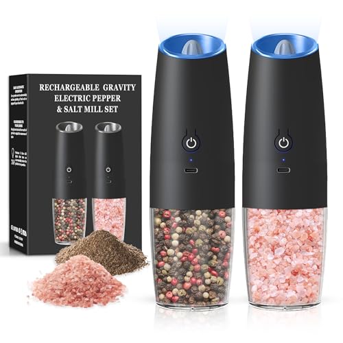 BELRIGO Rechargeable Gravity Salt Pepper Grinder Set, 2 Pack (Black)