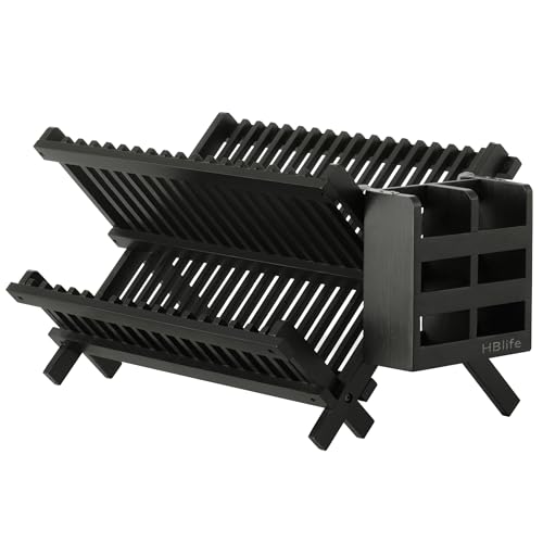 HBlife Dish Rack, Bamboo Folding 2-Tier Collapsible Drainer Dish Drying Rack with Utensils Flatware Holder Set (Dish Rack with Utensil Holder)