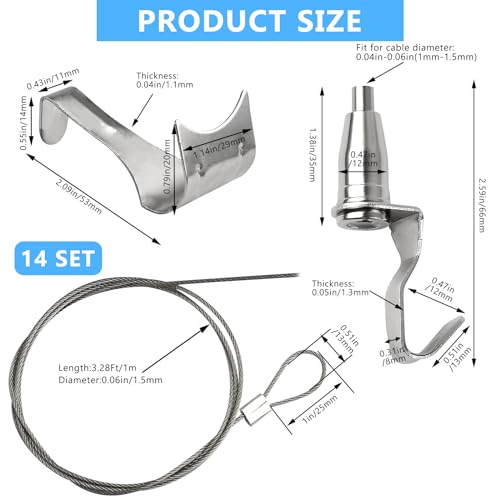 Image of Supkiir 14 Pack Picture Rail Hanging Kit, Sturdy Stainless Steel Adjustable Wire Hooks Kit, 66 lb(30 kg) Max Load Capacity Wall Hanging System for Frames Picture Artwork Display kit Silver