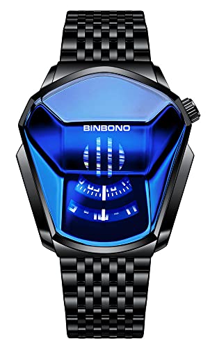 FANMIS Men's LED Binary Digital Watches, Blue Dial, Silver Stainless Steel Bracelet, Waterproof, Glow In The Dark, Sports Watch
