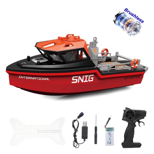 GoolRC 1:32 Brushless RC Boat for Adults, Fast Remote Control Boat for Pools and Lakes, 2.4GHz High Speed Rescue Boats with Rechargeable Battery, Low Battery Alarm (Black and Red)