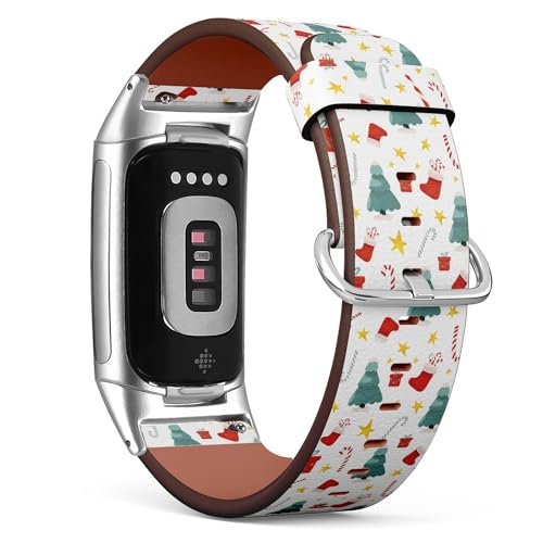 Compatible with Fitbit Charge 5 / Fitbit Charge 6 Replacement Leather Watch Band (Christmas Tree Candy Canes Socks) Smartwatch S