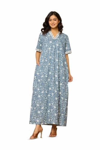 Image of NIHSAMAH Cotton Nighty for Women - Embroidered & Printed Stylish Night Gown, Comfortable Sleepwear Long Nightwear, Maxi